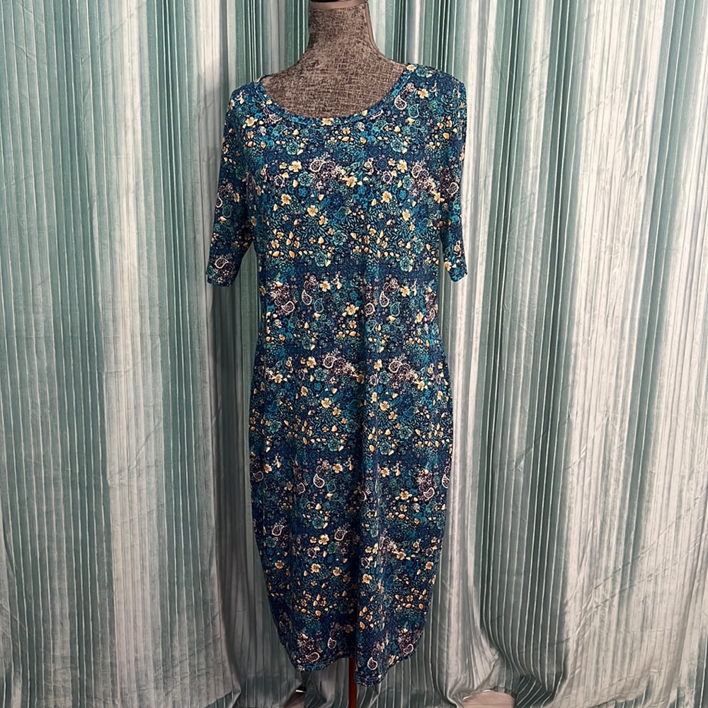 LuLaRoe Julia 2XL Teal Navy Mustard Paisley Floral Sheath Dress